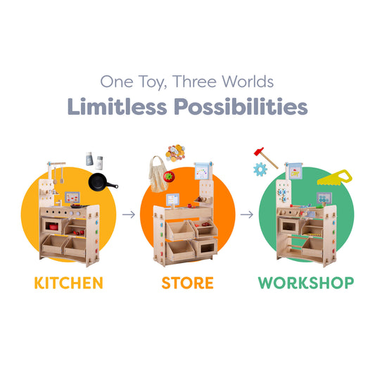 Creative Play 3 in 1 – Play Kitchen, Store & Workshop HABA USA